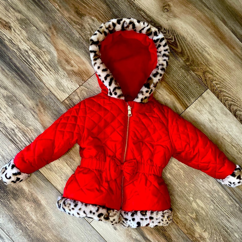 Pistachio Red and Faux Fur Leopard Trim Hooded Coat Size 2T